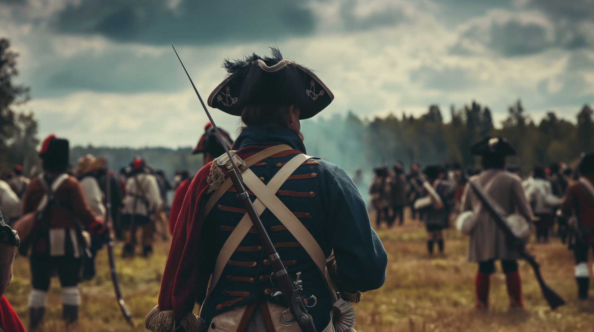 A historical reenactment with people dressed in Revolutionary War attire, US Independence Day, history, hd, educational with copy space